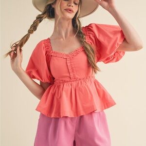 &merci Ruffle Trim Coral Pink Puffed Sleeves Top